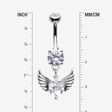 Detail View 1 of Angelic Wing Heart Sparkle Dangle Belly Button Ring-Clear Gem